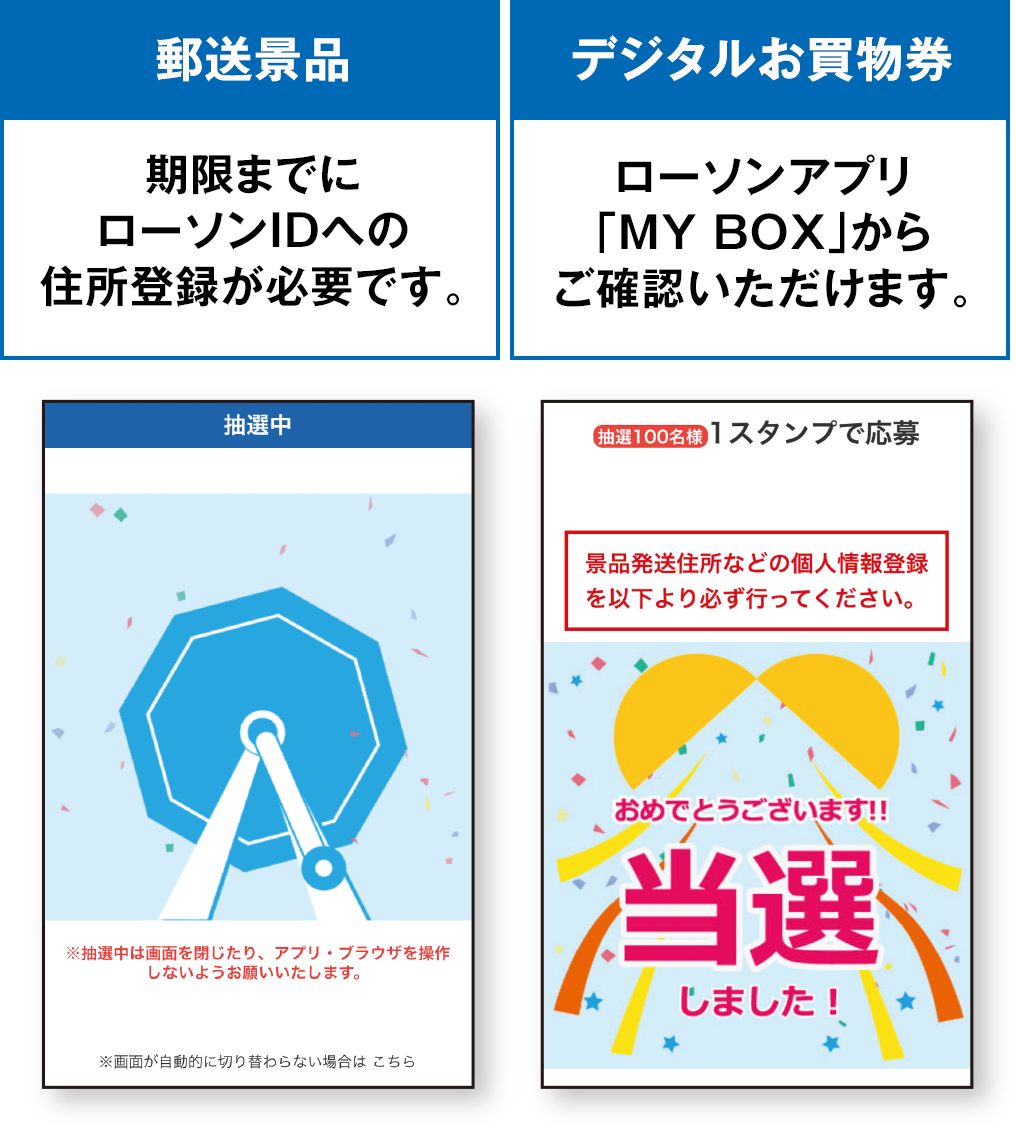 【郵送景品】期限までにローソンIDへの住所登録が必要です。【デジタルお買物券】ローソンアプリ「MY BOX」からご確認いただけます。