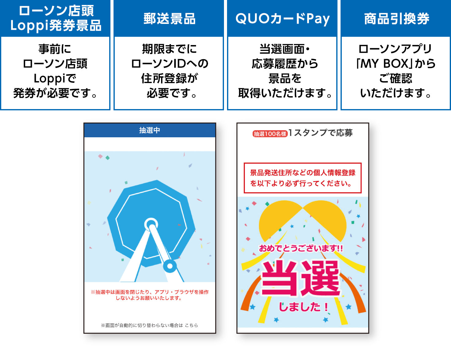 【ローソン店頭Loppi発券景品】事前にローソン店頭Loppiで発券が必要です。【郵送景品】期限までにローソンIDへの住所登録が必要です。【QUOカードPay】当選画面・応募履歴から景品を取得いただけます。【商品引換券】ローソンアプリ「MY BOX」からご確認いただけます。
