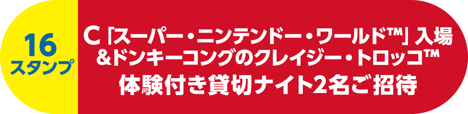 （16スタンプ）C「スーパー・ニンテンドー・ワールド&trade;」入場&ドンキーコングのクレイジー・トロッコ&trade;体験付き貸切ナイト2名ご招待
