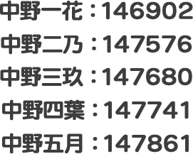 中野一花：146902 中野二乃：147576 中野三玖：147680 中野四葉：147741 中野五月：147861