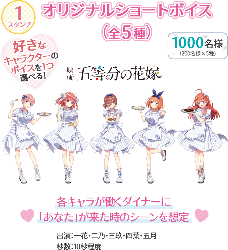 1スタンプ オリジナルショートボイス(全5種) 1000名様(200名様×5種) 好きなキャラクターのボイスを1つ選べる！ 映画 五等分の花嫁 各キャラが働くダイナーに「あなた」が来た時のシーンを想定 出演:一花・二乃・三玖・四葉・五月 秒数:10〜15秒