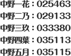 中野一花：025463 中野二乃：029133 中野三玖：033380 中野四葉：035113 中野五月：035115