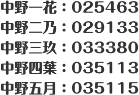 中野一花：025463 中野二乃：029133 中野三玖：033380 中野四葉：035113 中野五月：035115