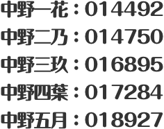 中野一花：014492 中野二乃：014750 中野三玖：016895 中野四葉：017284 中野五月：018927