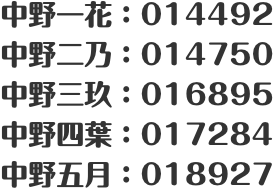 中野一花：014492 中野二乃：014750 中野三玖：016895 中野四葉：017284 中野五月：018927