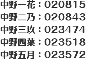 中野一花：020815 中野二乃：020843 中野三玖：023474 中野四葉：023518 中野五月：023572