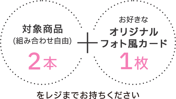 対象商品(組み合わせ自由)2本+お好きなオリジナルフォト風カード1枚をレジまでお持ちください