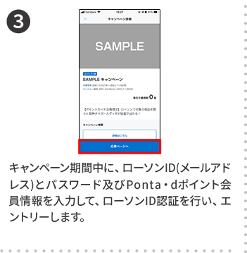 3 キャンペーン期間中に、ローソンID(メールアドレス)とパスワード及びPonta・dポイント会員情報を入力して、ローソンID認証を行い、エントリーします。