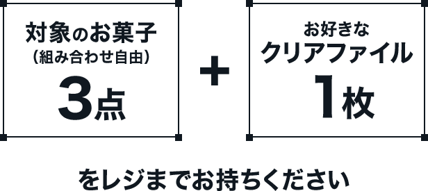 対象のお菓子(組み合わせ自由)3点+お好きなクリアファイル1枚をレジまでお持ちください