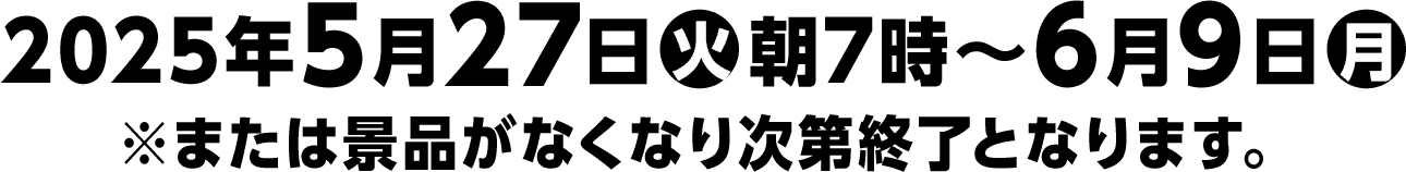 2025年5月27日(火)朝7時〜6月9日(月)※または景品がなくなり次第終了となります。