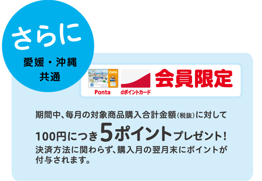 さらに 愛媛・沖縄共通 愛媛県のローソン店舗対象 6/11（火）～8/31（土）25：00まで Ponta dポイントカード 会員限定 期間中、毎月の対象商品購入合計金額（税抜）に対して100円につき5ポイントプレゼント！ 決済方法に関わらず、購入月の翌月末にポイントが付与されます。