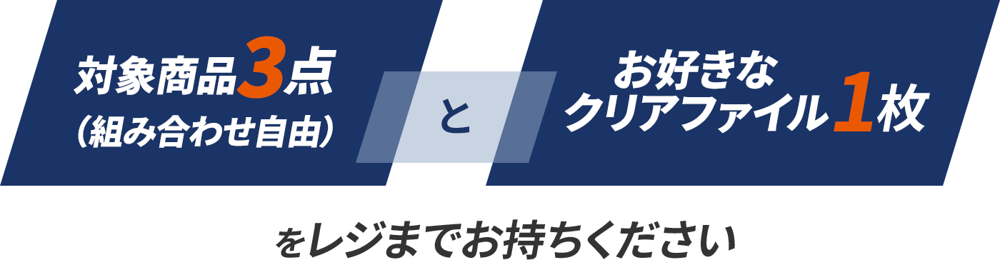 対象商品3点（組み合わせ自由）＋お好きなクリアファイル1枚をレジまでお持ちください
