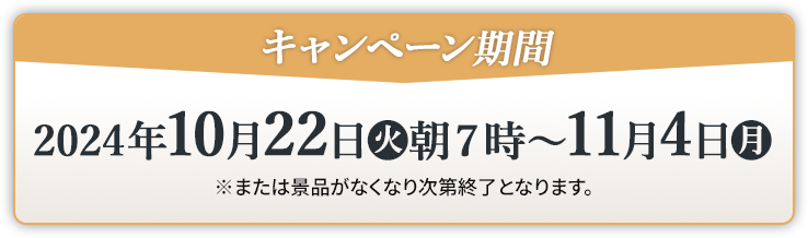 キャンペーン期間 2024年10月22日(火)朝7時〜11月4日(月) ※または景品がなくなり次第終了となります。