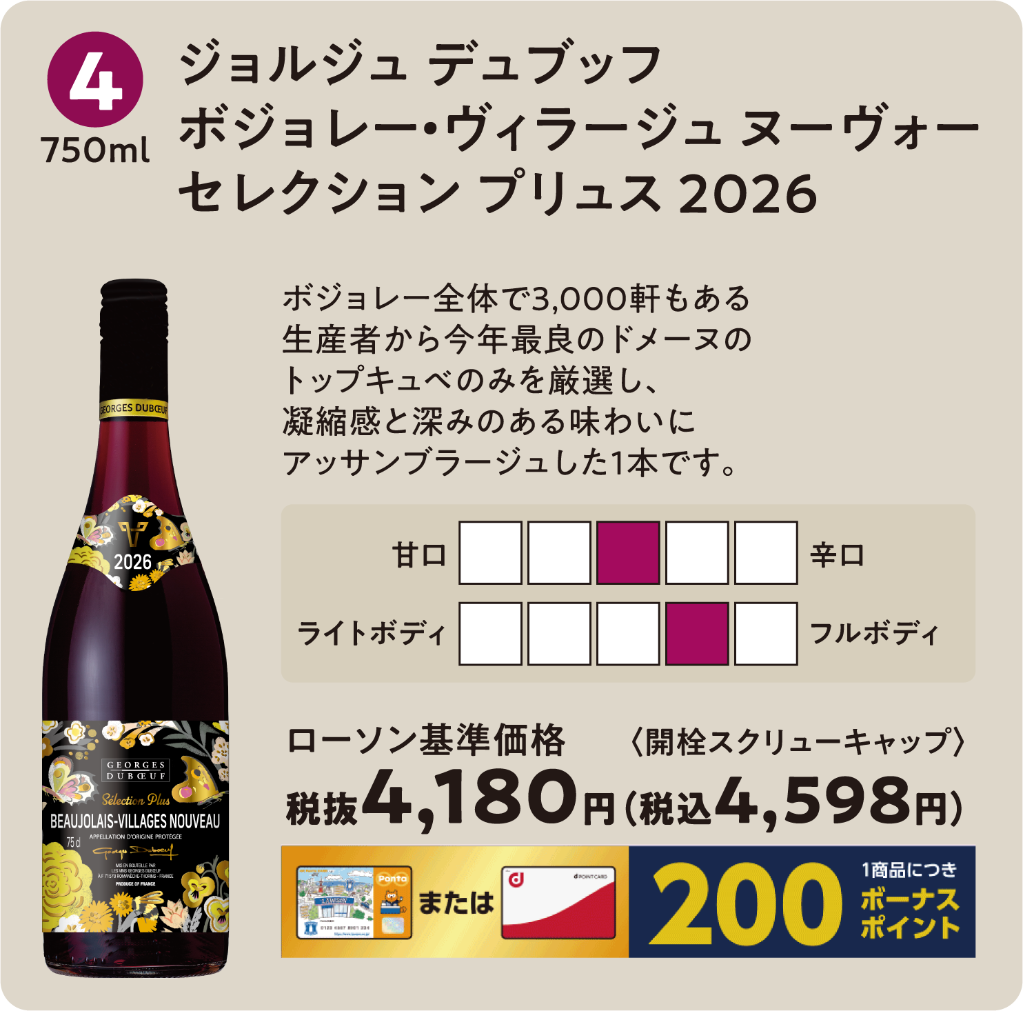 ジョルジュ デュブッフ ボジョレー・ヴィラージュ ヌーヴォー セレクション プリュス 2026〈750ml〉ローソン標準価格 税抜4,180円(税込4,598円)