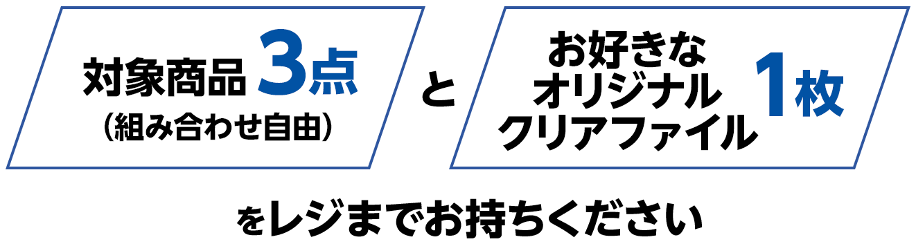 対象のお菓子3点（組み合わせ自由）とお好きなオリジナルクリアファイル1枚をレジまでお持ちください