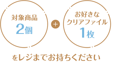 対象商品2個+お好きなクリアファイル1枚をレジまでお持ちください