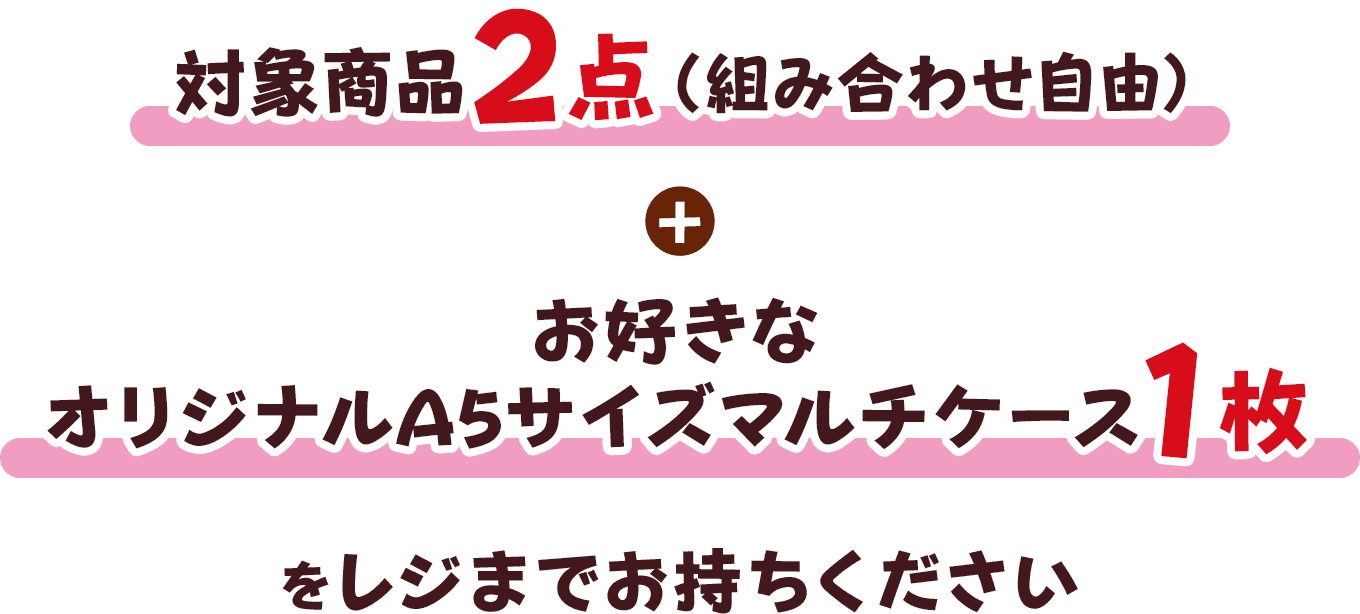 対象商品2点（組み合わせ自由）＋お好きなオリジナルA5サイズマルチケース1枚をレジまでお持ちください