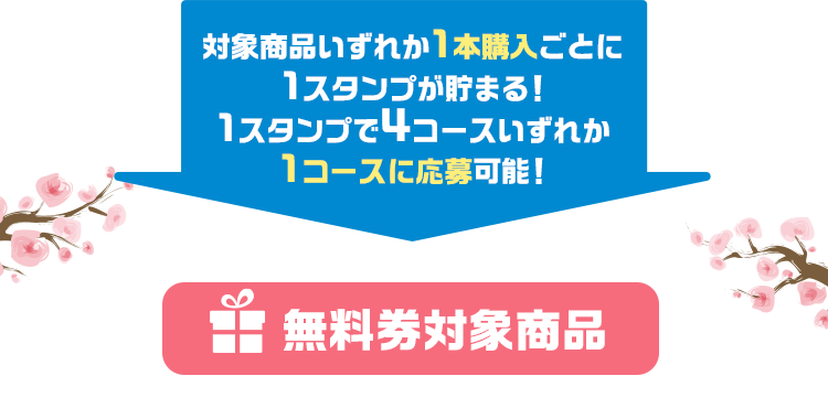対象商品いずれか1本購入ごとに1スタンプが貯まる！1スタンプで4コースいずれか1コースに応募可能！