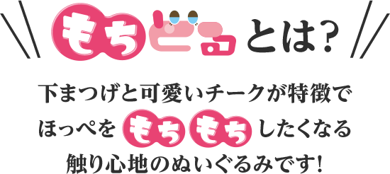 もちどるとは？下まつげと可愛いチークが特徴でほっぺをもちもちしたくなる触り心地のぬいぐるみです！