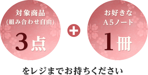 対象商品（組み合わせ自由）3点とお好きなA5ノート1冊をレジまでお持ちください