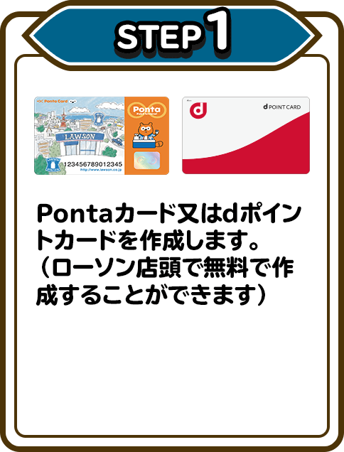 STEP1 Pontaカード又はdポイントカードを作成します。（ローソン店頭で無料で作成することができます）