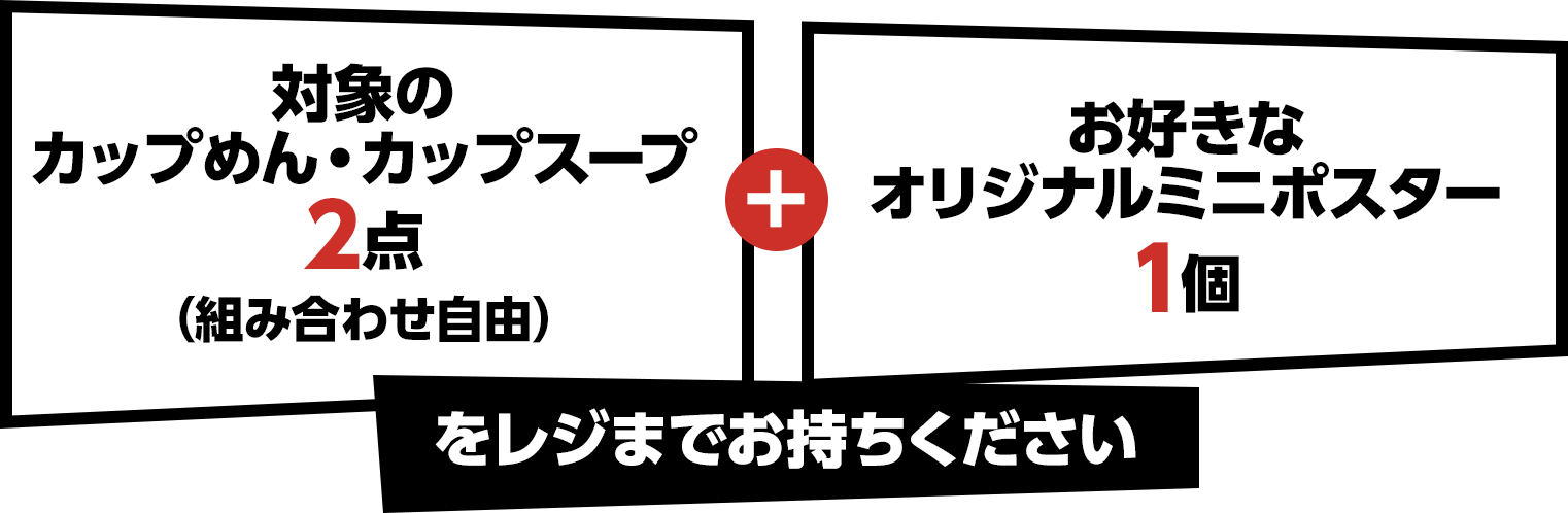 対象のカップめん・カップスープ2点（組み合わせ自由）＋お好きなオリジナルミニポスター1個をレジまでお持ちください