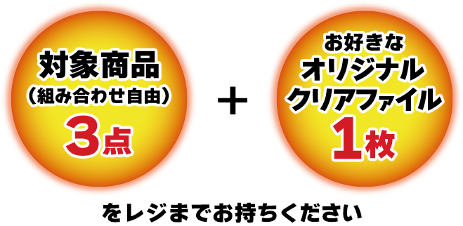 対象商品(組み合わせ自由)3点 + お好きなオリジナルクリアファイル1枚をレジまでお持ちください