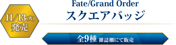 Fate/Grand Order スクエアバッジ　11/13(火)発売　全9種 雑誌棚にて販売
