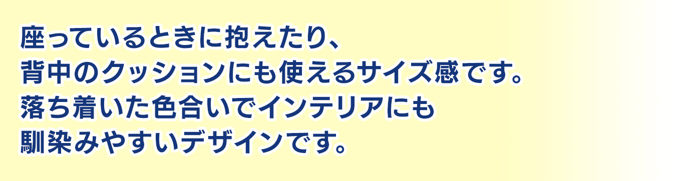 座っているときに抱えたり、背中のクッションにも使えるサイズ感です。落ち着いた色合いでインテリアにも馴染みやすいデザインです。