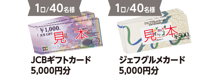 JCBギフトカード 5,000円分、ジェフグルメカード 5,000円分