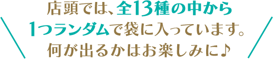 店頭では、全13種の中から1つランダムで袋に入っています。何が出るかはお楽しみに♪