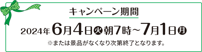キャンペーン期間 2024年6月4日(火)朝7時〜7月1日(月) ※または景品がなくなり次第終了となります。