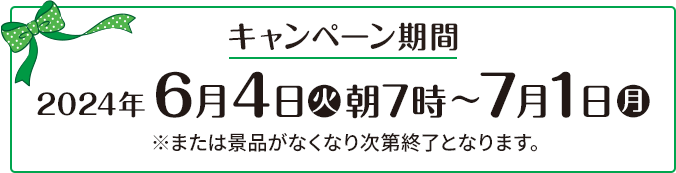 キャンペーン期間 2024年6月4日(火)朝7時〜7月1日(月) ※または景品がなくなり次第終了となります。