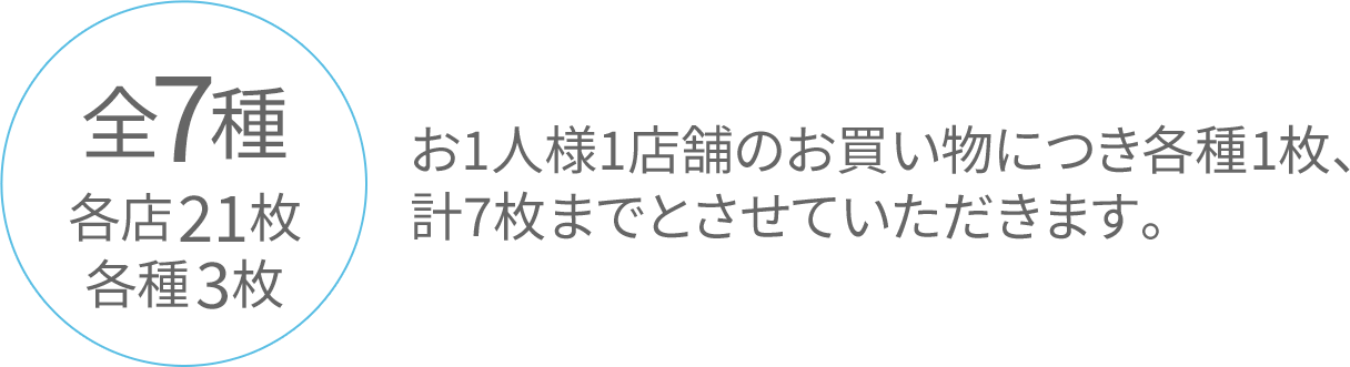 全7種 各店21枚各種3枚　お1人様1店舗のお買い物につき各種1枚、計7枚までとさせていただきます。