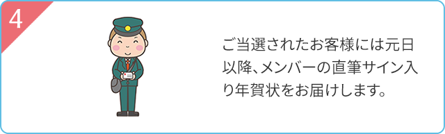 4 ご当選されたお客様には元旦以降、メンバーの直筆サイン入り年賀状をお届けします。