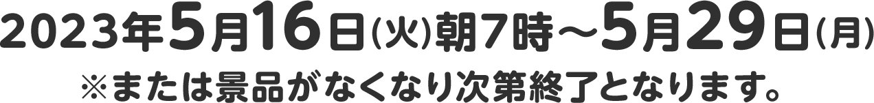 2023年5月16日(火)朝7時～5月29日(月)※または景品がなくなり次第終了となります。