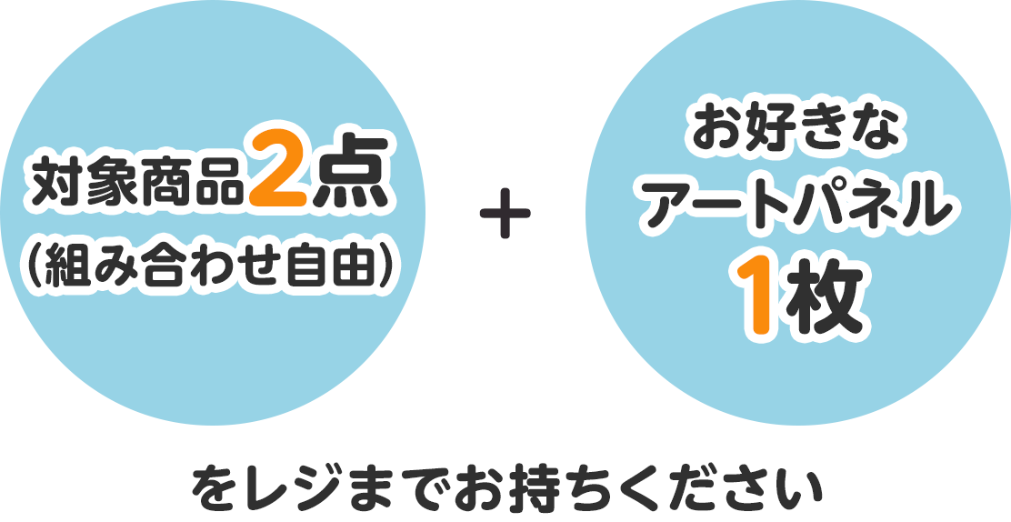 対象商品2点（組み合わせ自由）＋お好きなアートパネル1枚をレジまでお持ちください