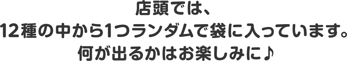 店頭では、12種の中から1つランダムで袋に入っています。何が出るかはお楽しみに♪