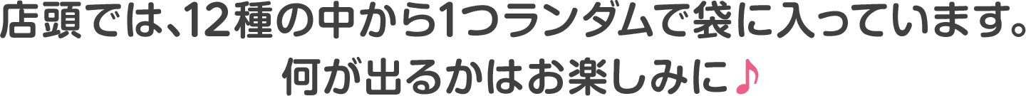 店頭では、12種の中から1つランダムで袋に入っています。何が出るかはお楽しみに♪