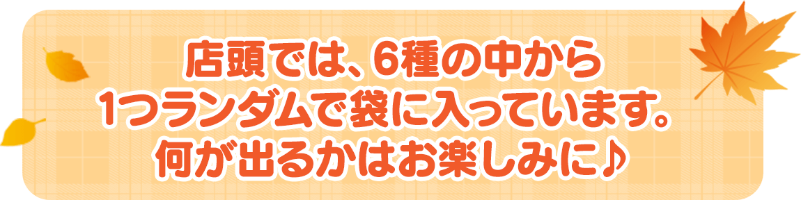 店頭では、6種の中から1つランダムで袋に入っています。何が出るかはお楽しみに♪