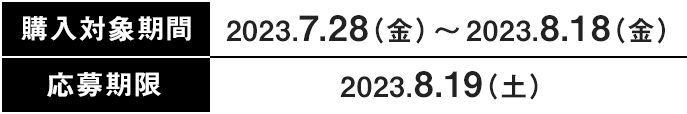 購入対象期間 2023.7.28（金）〜2023.8.18（金）　応募期限 2023.8.19（土）