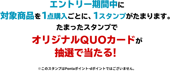 エントリー期間中に対象商品を1点購入ごとに、1スタンプがたまります。 たまったスタンプでオリジナルQUOカードが抽選で当たる！ ※このスタンプはPontaポイント・dポイントではございません。