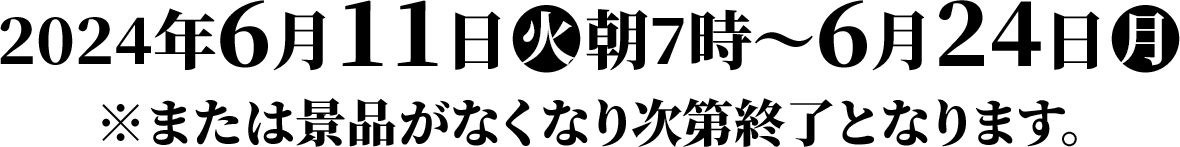 2024年6月11日(火)朝7時〜6月24日(月)※または景品がなくなり次第終了となります。
