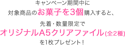 キャンペーン期間中に対象商品のお菓子を3個購入すると、先着・数量限定でオリジナルA5クリアファイル(全2種)を1枚プレゼント！