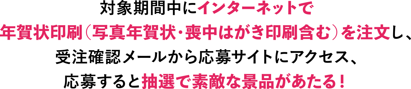 対象期間中にインターネットで 年賀状印刷（写真年賀状・喪中はがき印刷含む）を注文し、 受注確認メールから応募サイトにアクセス、 応募すると抽選で素敵な景品があたる！