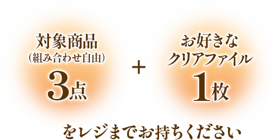 対象商品のお菓子3点(組み合わせ自由) + お好きなクリアファイル1枚をレジまでお持ちください