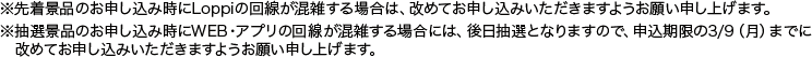 ※先着景品のお申し込み時にLoppiの回線が混雑する場合は、改めてお申し込みいただきますようお願い申し上げます。
              ※抽選景品のお申し込み時にWEB・アプリの回線が混雑する場合には、後日抽選となりますので、申込期限の3/9（月）までに改めてお申し込みいただきますようお願い申し上げます。