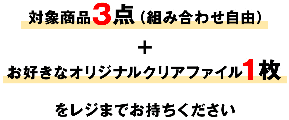 対象商品3点（組み合わせ自由）＋ お好きなオリジナルクリアファイル1枚をレジまでお持ちください