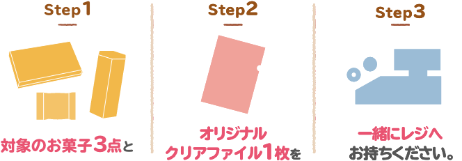 対象のお菓子3点とオリジナルクリアファイル1枚を一緒にレジへお持ちください。