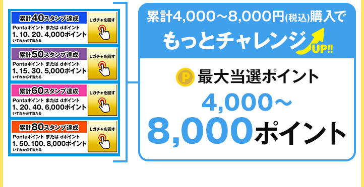 累計4,000～8,000円(税込)購入でもっとチャレンジ 最大当選ポイント4,000～8,000ポイント